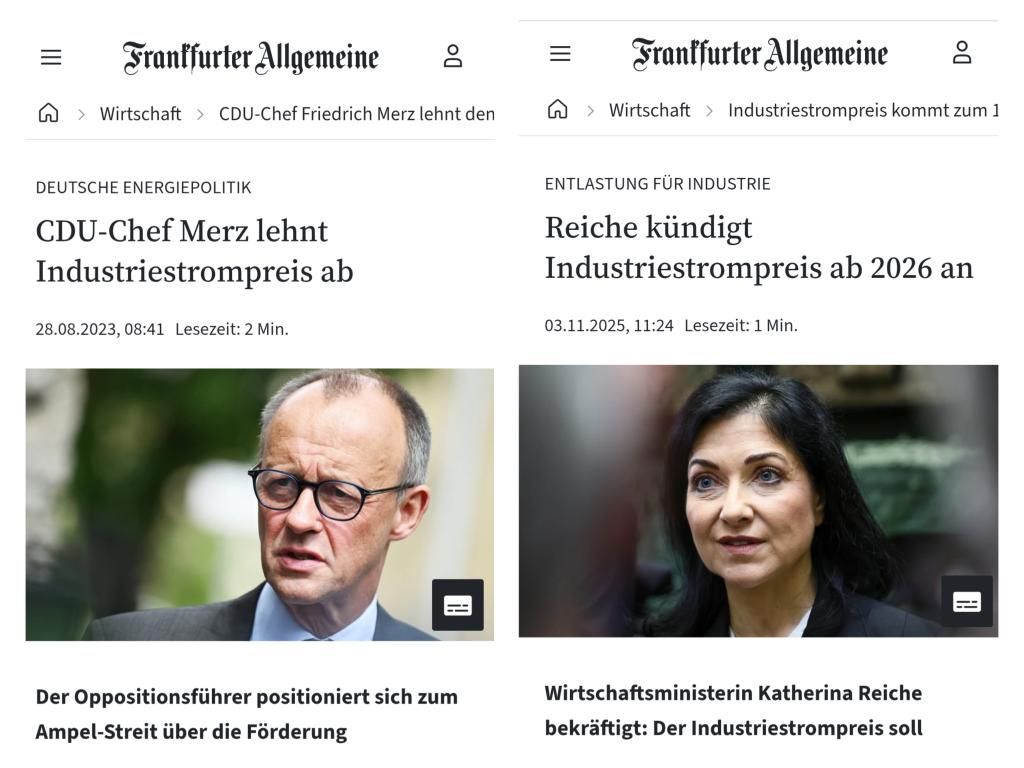 Habeck wollte einen Brückenstrompreis einführen. Merz lehnte das ab. Reiche kommt nun mit dem Industriestrompreis sehr spät.