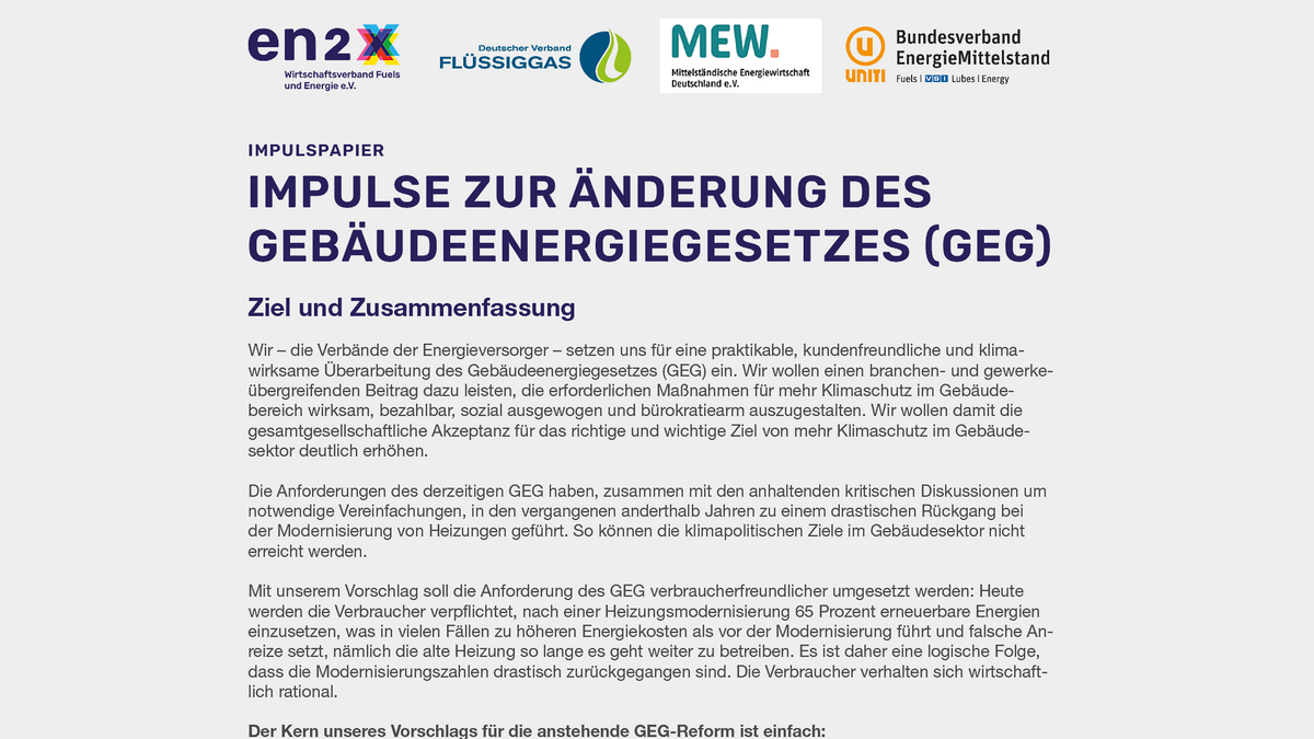 GEG-Reform: Vier Branchenverbände legen gemeinsames Impulspapier vor